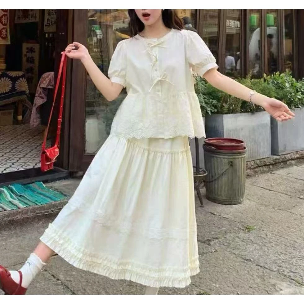（吃饱饱）大码胖mm盐系蕾丝甜美风套装88066