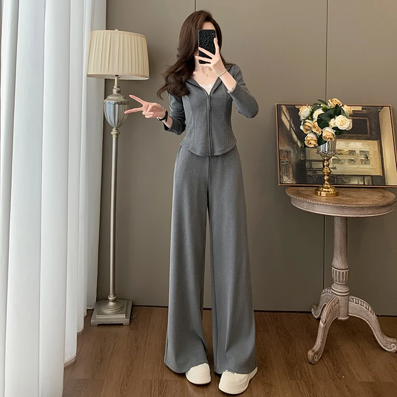 灰色巨好看的早秋套装女休闲时尚气质高级感卫衣直筒裤显瘦两件套