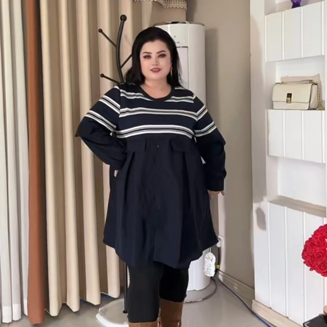 胖美女大码韩版宽松条连衣裙