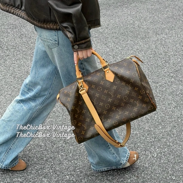 95新 LouisVuitton/路易威登 只盒/中古老花手提款speedy35手提包