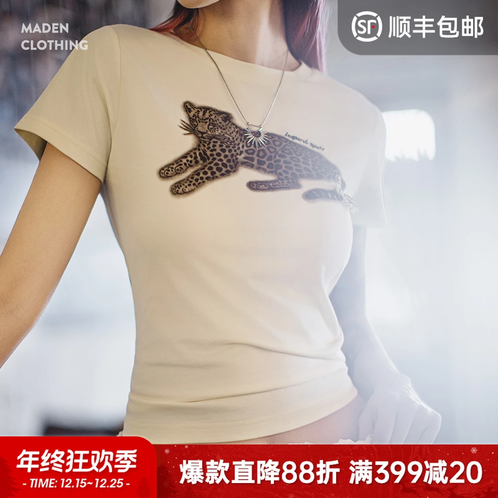 马登美式正肩插画短袖T恤白色复古个性感显瘦夏日女独特漂亮小衫