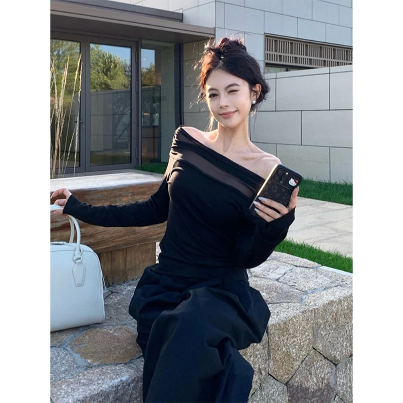 梦优莱韩系气质网纱拼接一字肩长袖T恤女装秋季时尚修身显瘦上衣