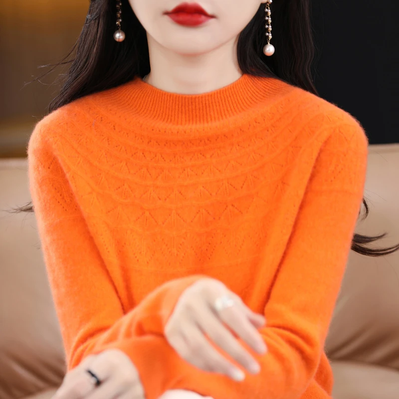 一线成衣无缝100纯羊毛衫女半高领镂空羊毛衫针织打底衫套头毛衣