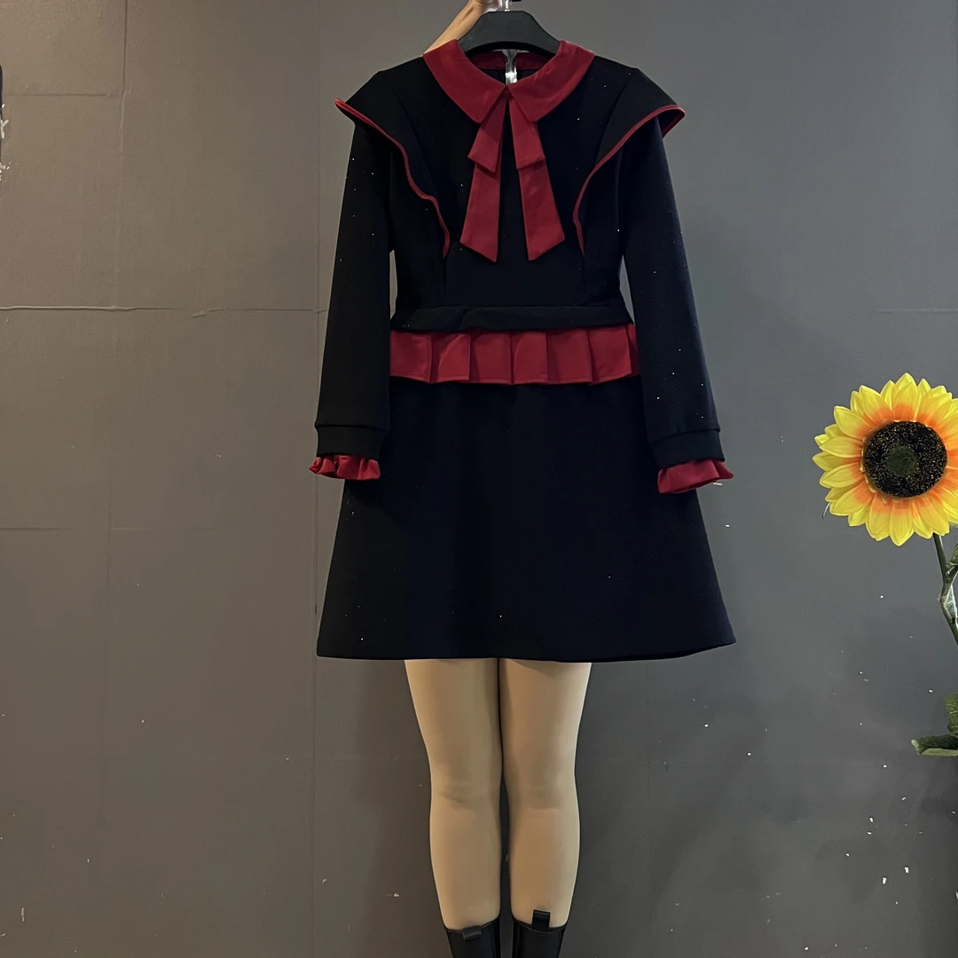 新款时尚减龄小众设计感撞色拼接假两件收腰显瘦大码连衣裙