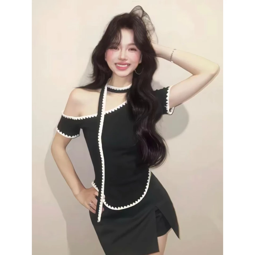 韩系纯欲撞色拼接辣妹修身显瘦短袖t恤女夏季小众设计感绝美上衣