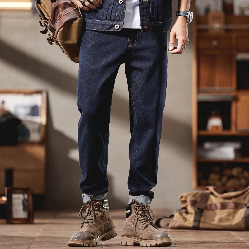 高端深蓝色牛仔裤男士弹力不掉色水洗休闲宽松小直筒原色男装裤子