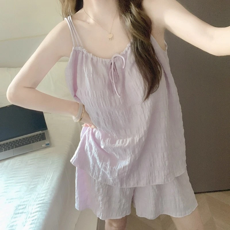 吊带短裤带胸垫睡衣女夏季2025新款云朵棉甜美后背镂空家居服套装