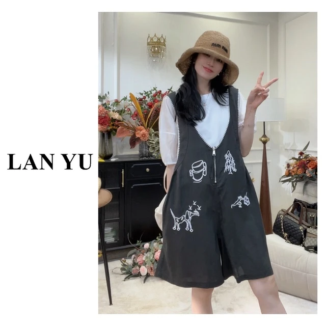 上衣+背带裤【映像派】时尚棉麻刺绣背带裤搭圆领上衣两件套装女