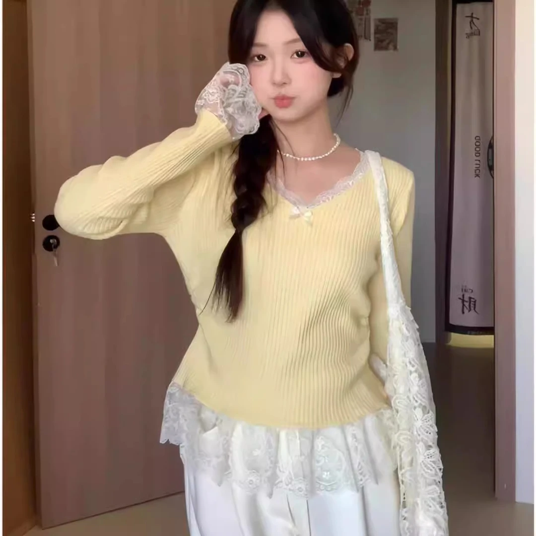 精选安迪绒长袖毛衣女秋冬领设计感蕾丝短款保暖保暖针织衫