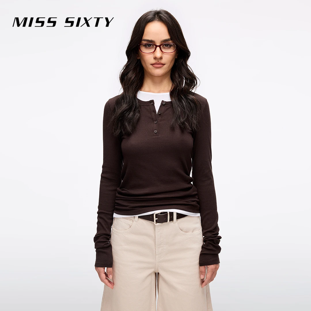 【桑蚕丝】Miss Sixty2025秋季新款T恤女长袖圆领纯色短款修身上衣