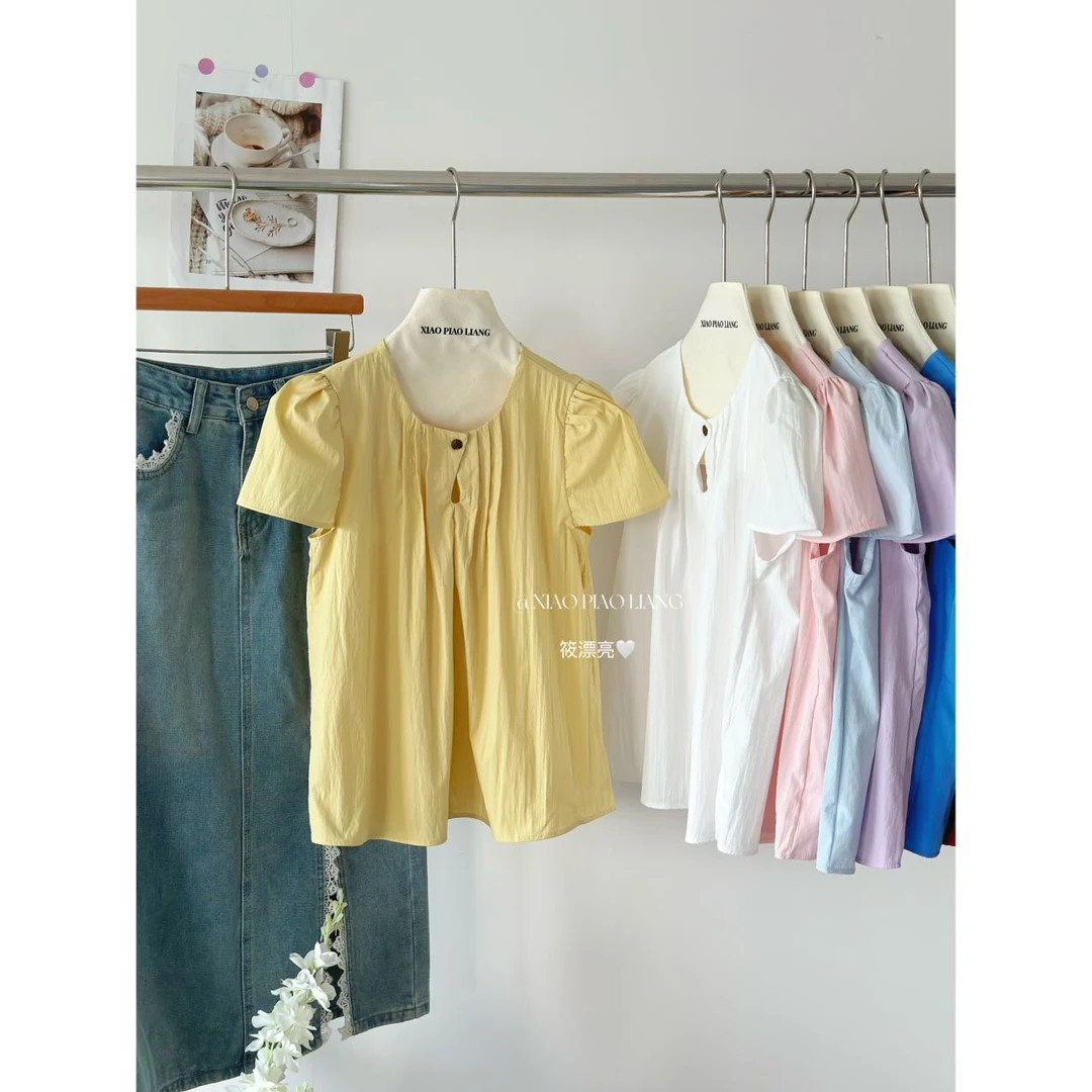 夏季韩系甜美俏皮小清新一粒扣褶皱设计感百搭衬衫上衣2609#0.1