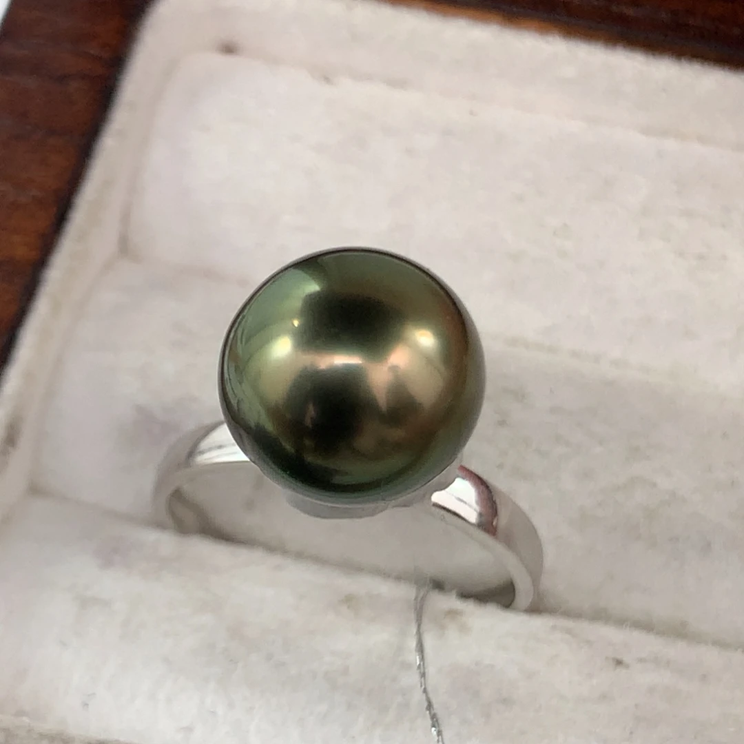 定制海水珍珠戒指/指环银S925镶嵌10.7mm大溪地裸珠一颗