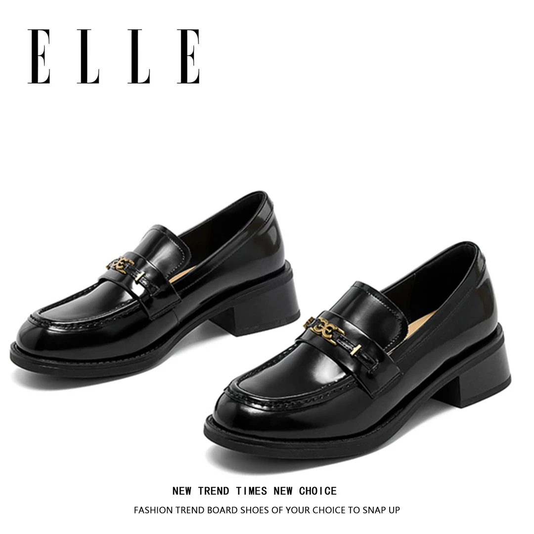 ELLE乐福鞋女2025春季新粗跟一脚蹬英伦学院风玛丽珍小皮鞋单鞋