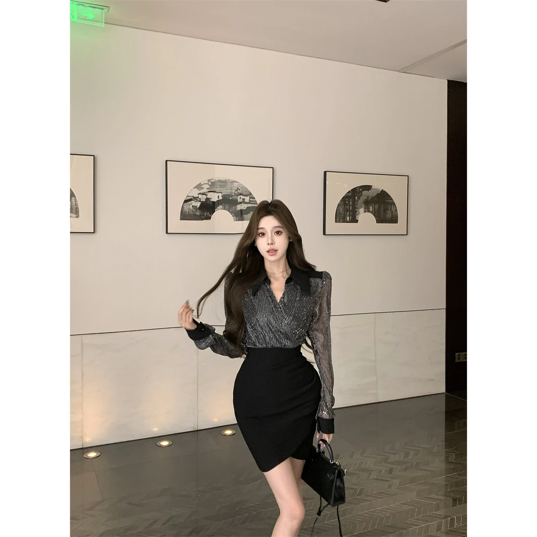 假两件拼接长袖连衣裙修身高腰显瘦不规则包臀裙短裙黑色连体裙