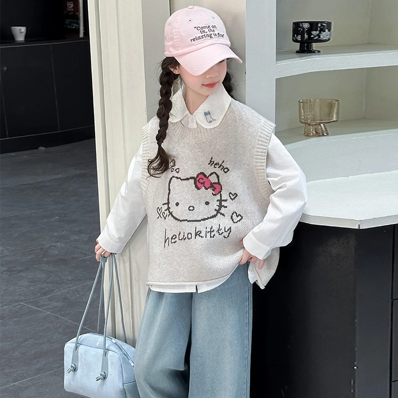 女童春秋休闲针织马甲衬衫套装中大童女孩网红宽松kt猫春装上衣新