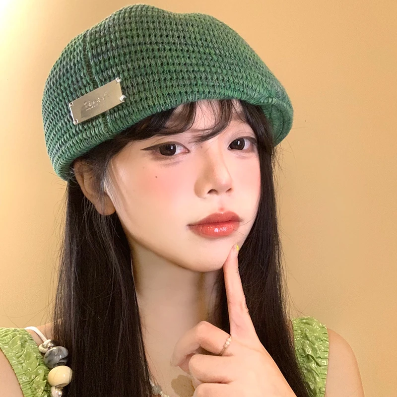 正反两戴针织前进帽女春夏季薄款透气显脸小贝雷帽日系大头围帽子
