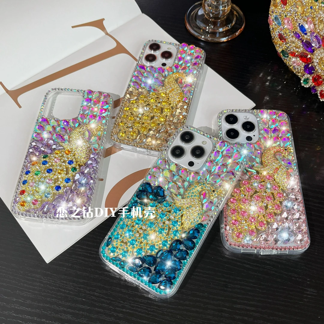 适用苹果16/华为/oppo/vivo满钻炫彩孔雀手机壳高级感防摔网红