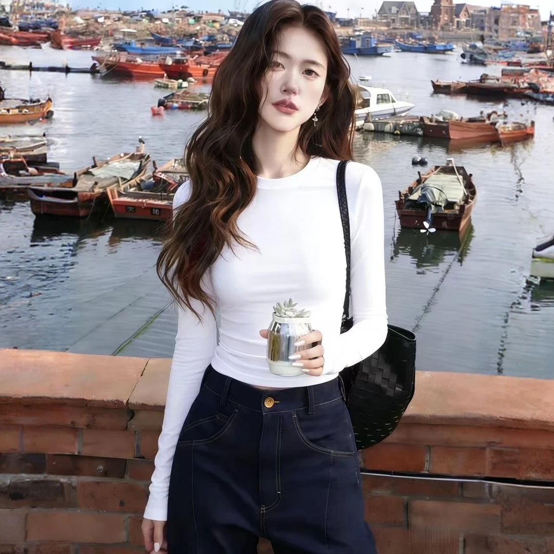 【现货+运费险】圆领正肩长袖秋冬薄绒保暖洋气时尚打底衫百搭上衣