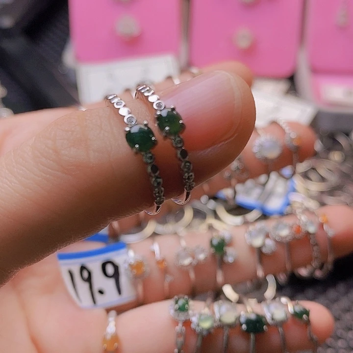 翡翠戒指银S925镶嵌饭*妈