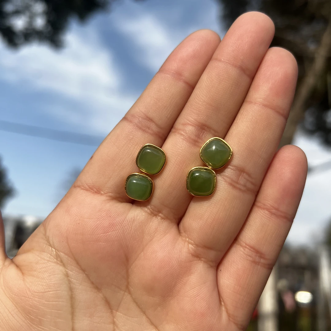 和田玉碧玉方块银镶耳钉多样性拍一发一【H】