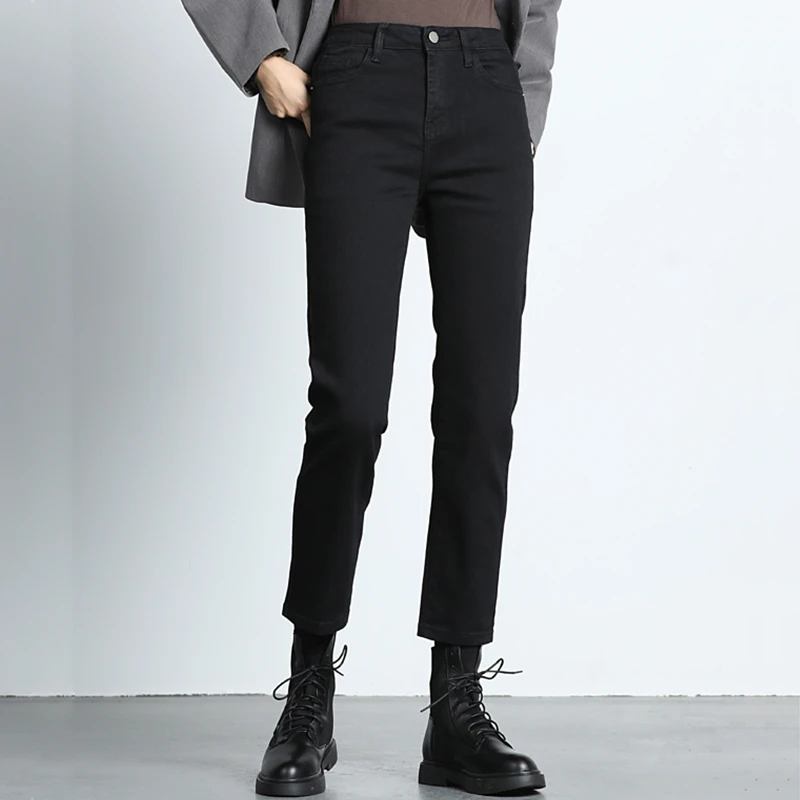 黑色直筒牛仔裤女弹力2025新款春秋款高腰烟管小个子显瘦九分裤子