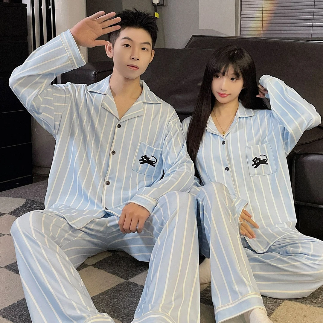芯语婷秋冬季新款德绒睡衣蓝色条纹小猫情侣保暖男女士家居服套装