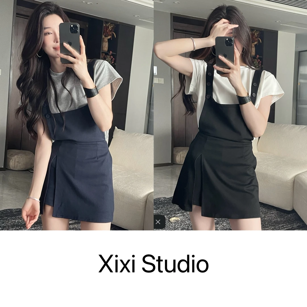 【西西】夏季减龄运动风短袖+背带裙裤套装