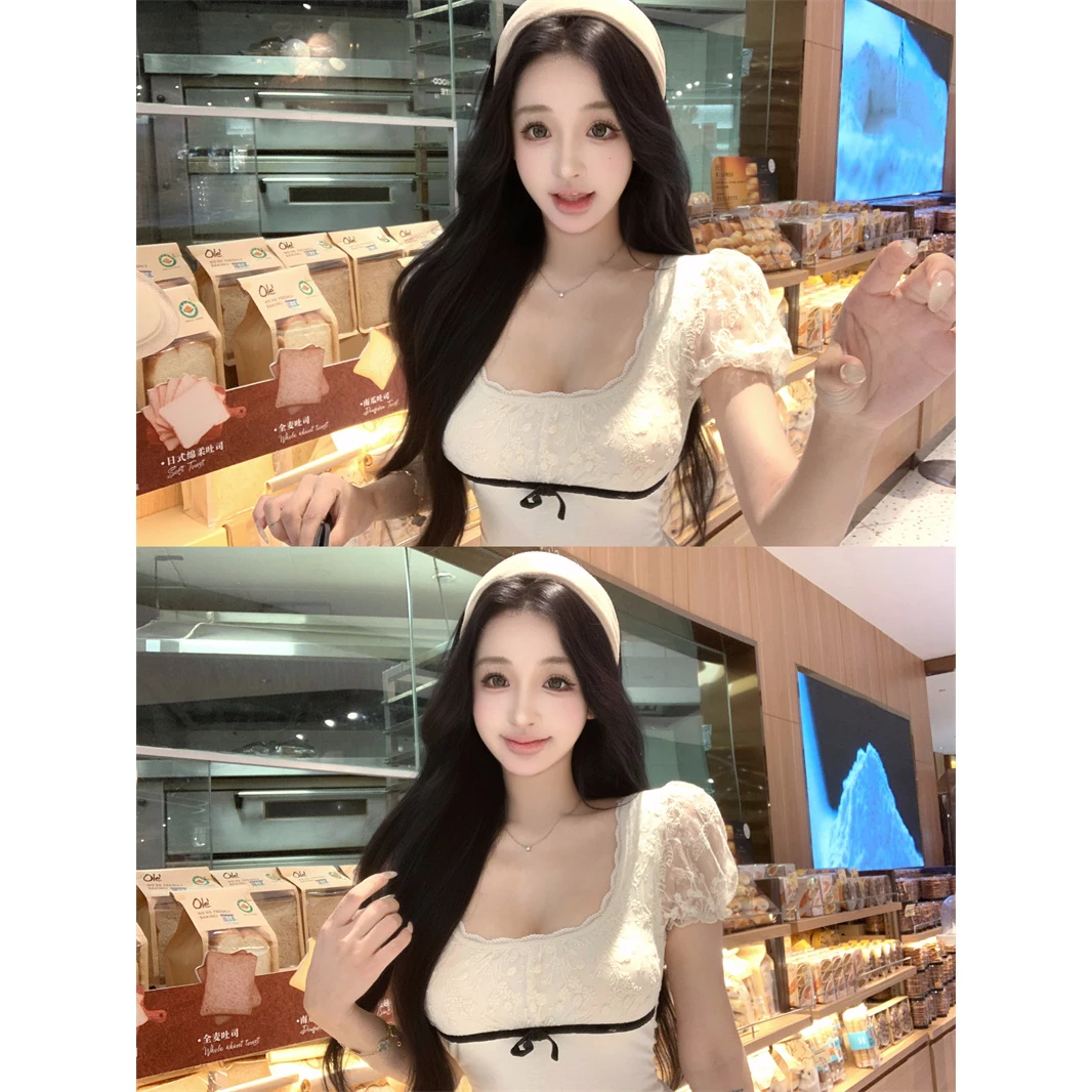 韩系蕾丝拼接方领短袖t恤女夏季纯欲性感修身显瘦短款泡泡袖上衣