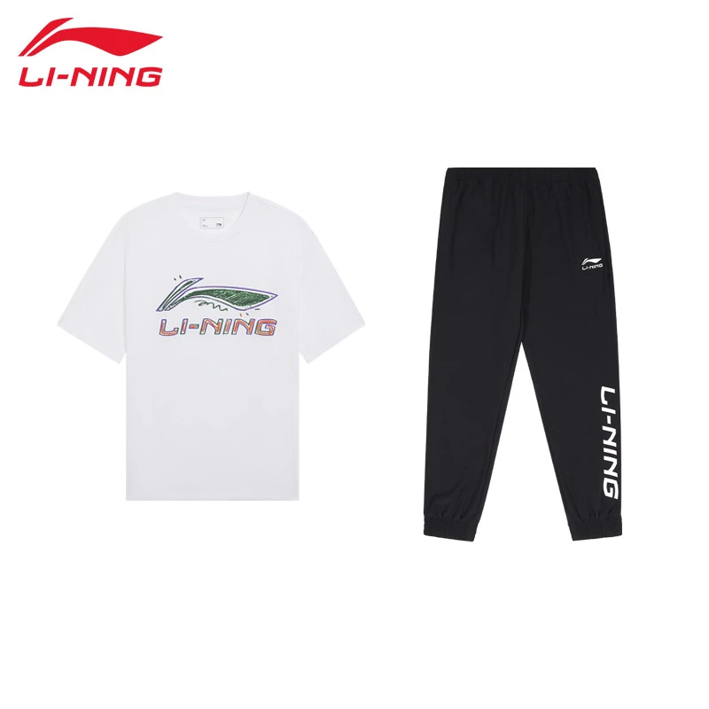【夏季套装】李宁大logo套装棉质圆领亲肤短袖运动冰丝收口长裤两件