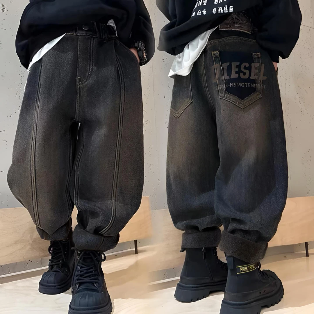 牛仔裤春季新款儿童牛仔裤子春秋季休闲中大童宽松老爹刺绣裤男童