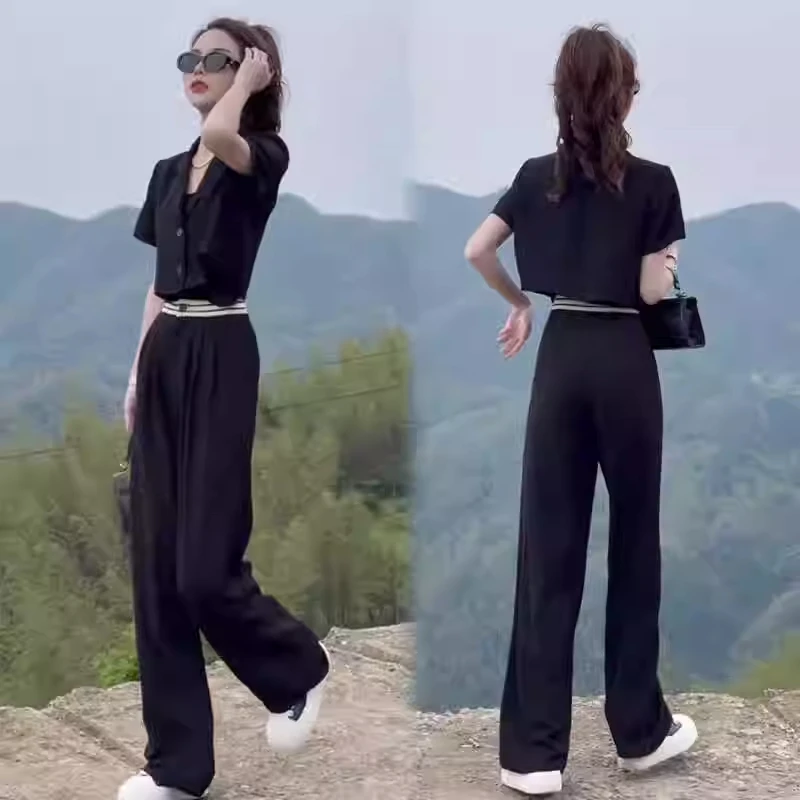 时尚套装女2025夏季新款韩版显瘦短款上衣高腰阔腿裤小个子两件套