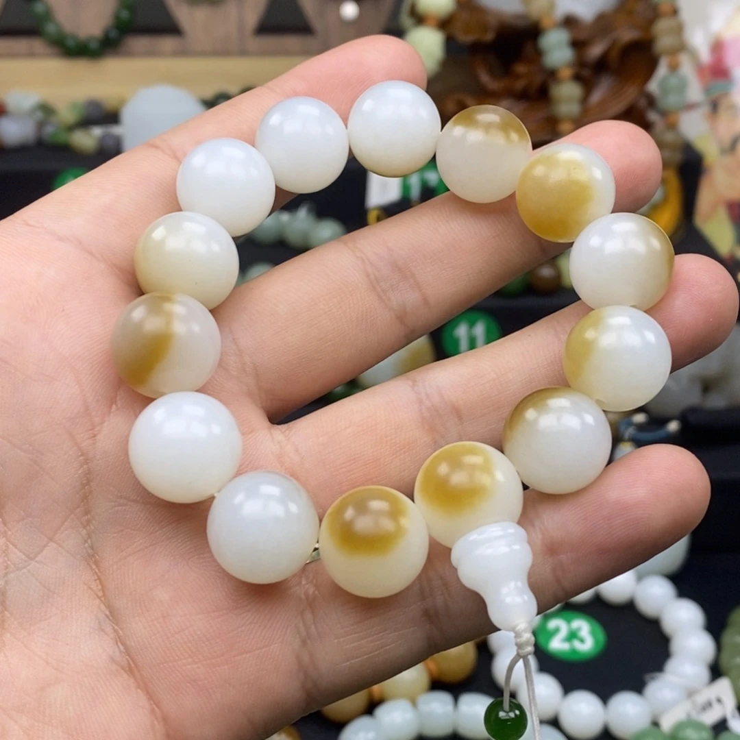 和田玉手链未镶嵌且末糖白聚宝盆卡16