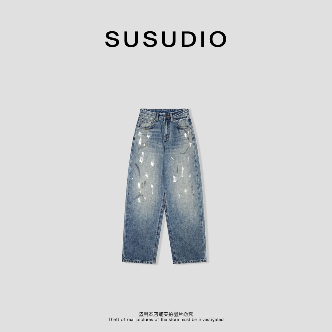 SUSUDIO 油漆泼墨棉质水洗做旧百搭牛仔裤40192