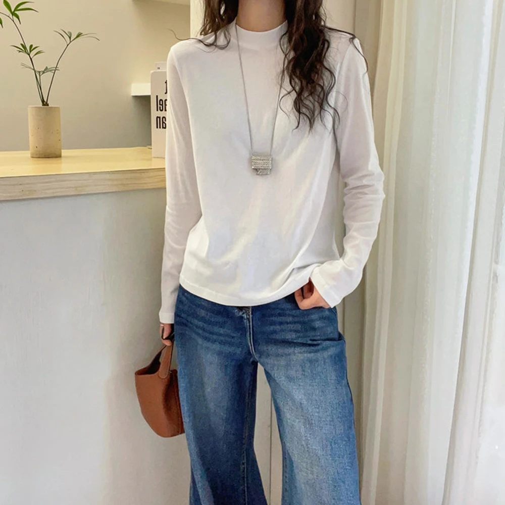 半高领宽松简约基础款白色内搭显瘦棉质打底衫女秋冬新款休闲T恤