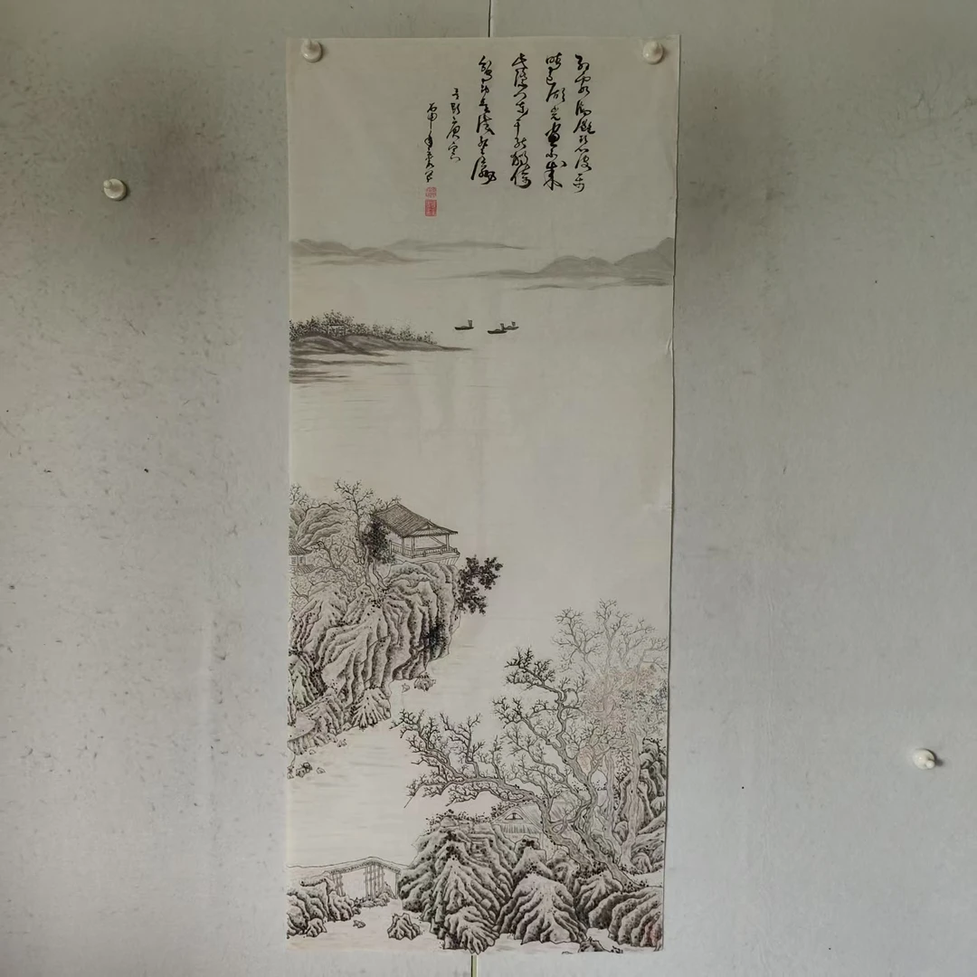 4671 多年前纯手绘老字画《山水》中堂  尺寸 136×57