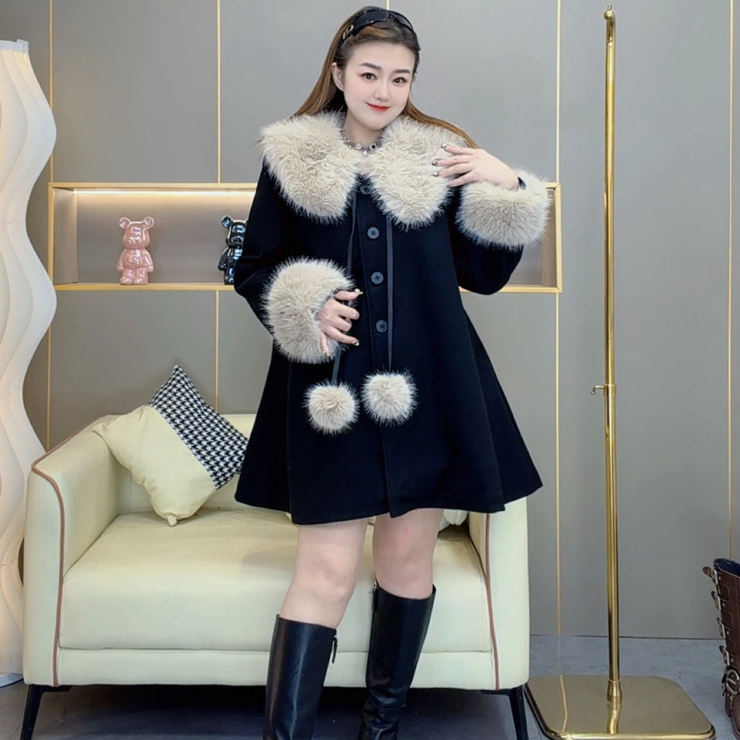 大码秋冬新款拼接毛绒领外套女韩系复古法式气质夹棉毛呢大衣725
