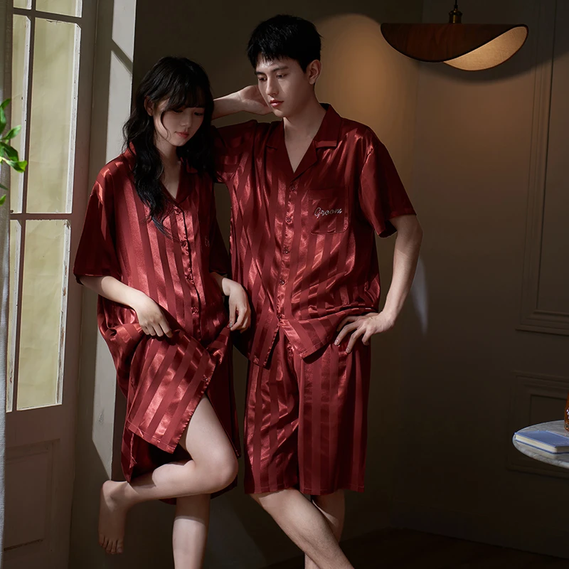 思莉太太【是我们】情侣睡衣夏季冰丝女款睡裙红色新婚男士结婚套装