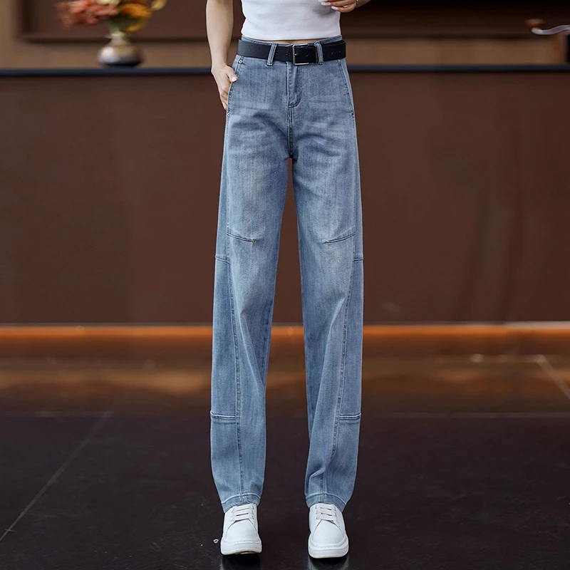 高腰薄款直筒裤新款夏季女百搭休闲牛仔裤宽松窄版阔腿裤子弯刀裤