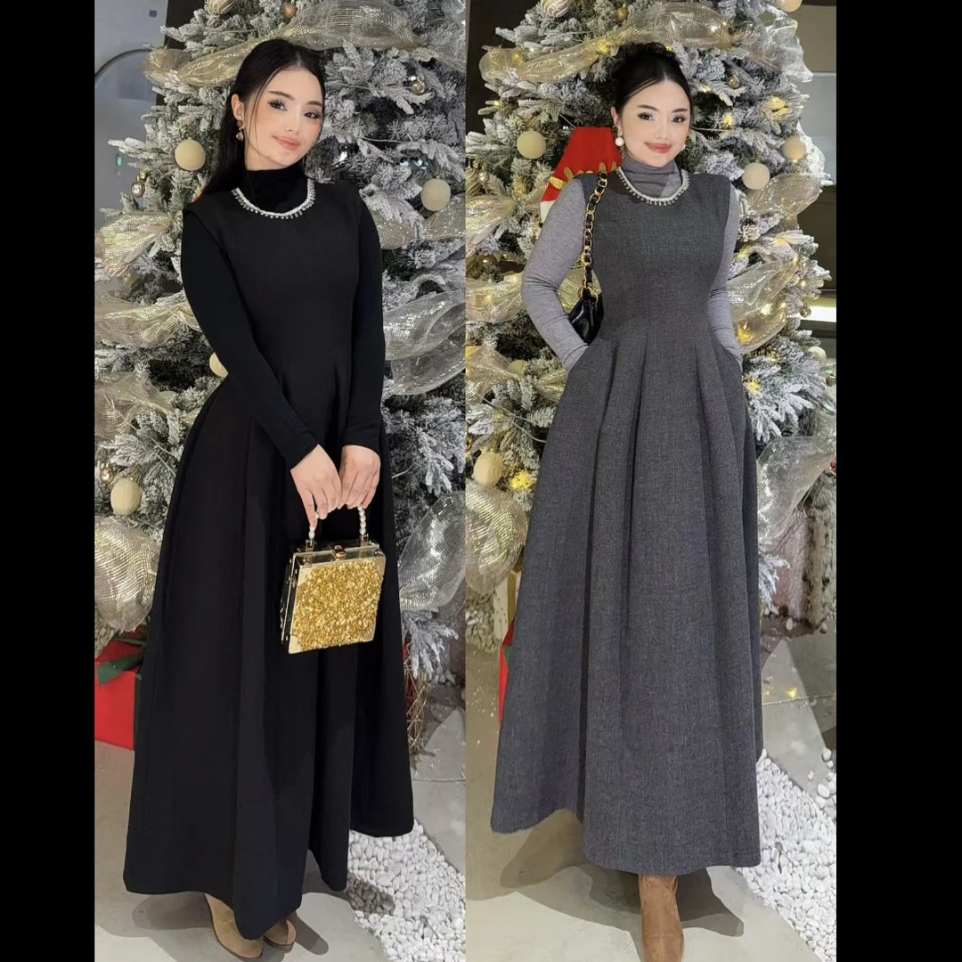 【Rayhon】新款两件套+打底复古花呢无袖背心连衣裙修身显瘦气0012