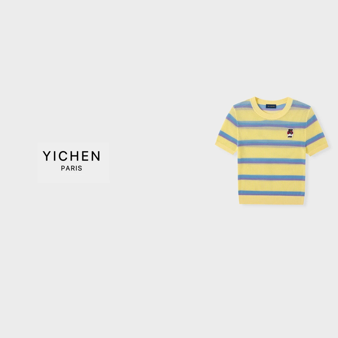 YC 小能系列刺绣徽标蓝黄色条纹镂空针织短袖-6195