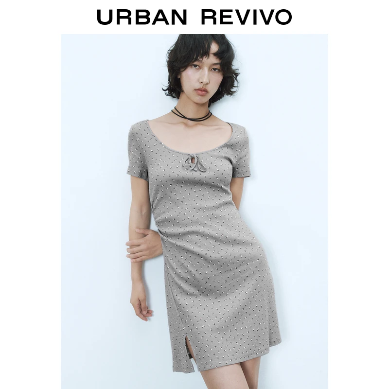 UR2025春季新款女装休闲系带碎花开衩短袖连衣裙UYY750040