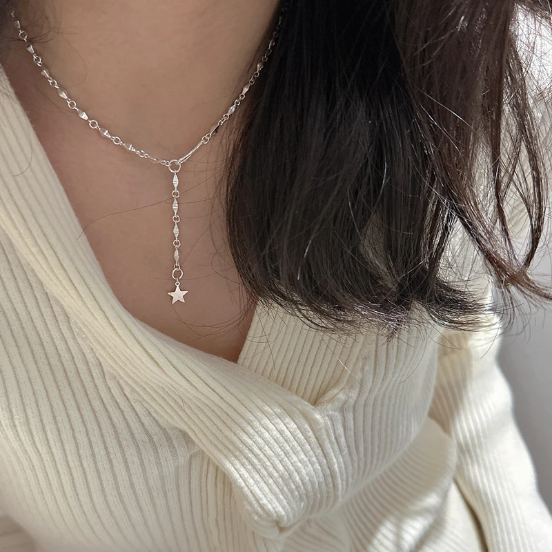 坠链均925银 韩版手工款时尚五角星项链菱形珠时髦小众搭扣锁骨链