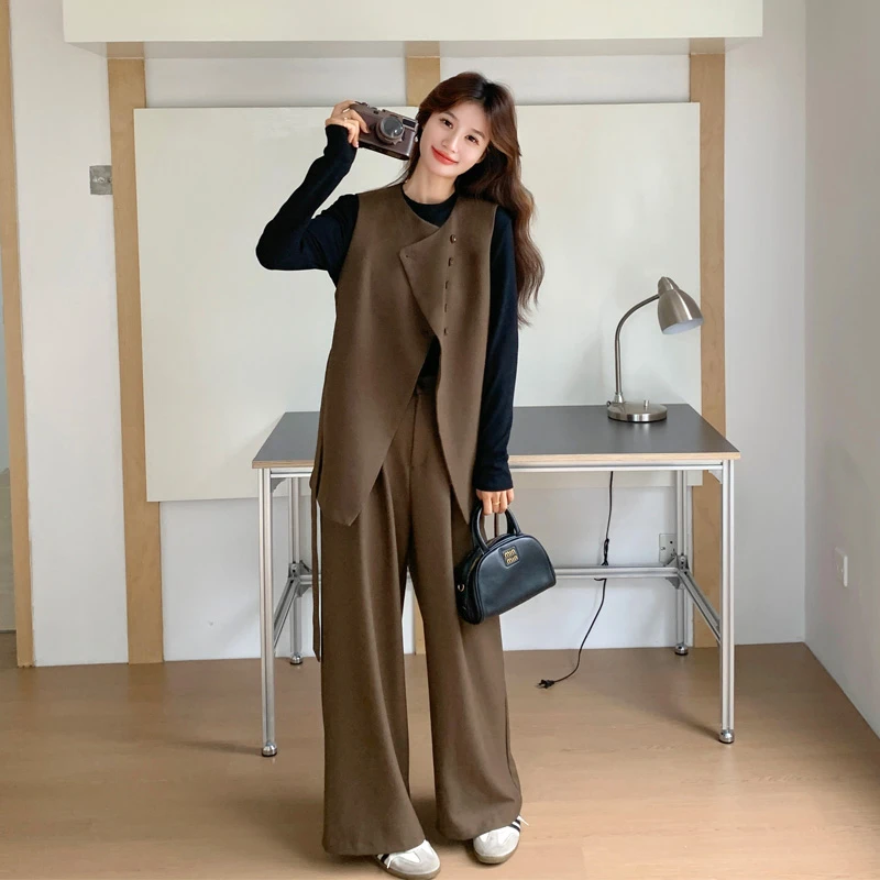 盐系美拉德马甲阔腿裤2025春秋新款轻熟风气质显瘦韩系老钱风套装