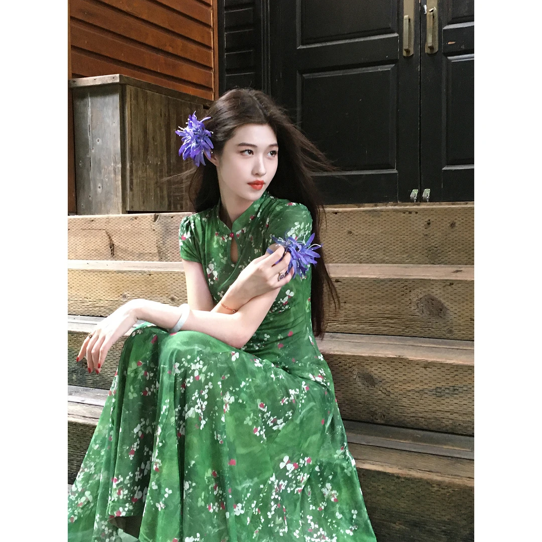 凌茜恣禾【青雾谣】国风新中式法式气质碎花连衣裙镂空绝美大摆长裙