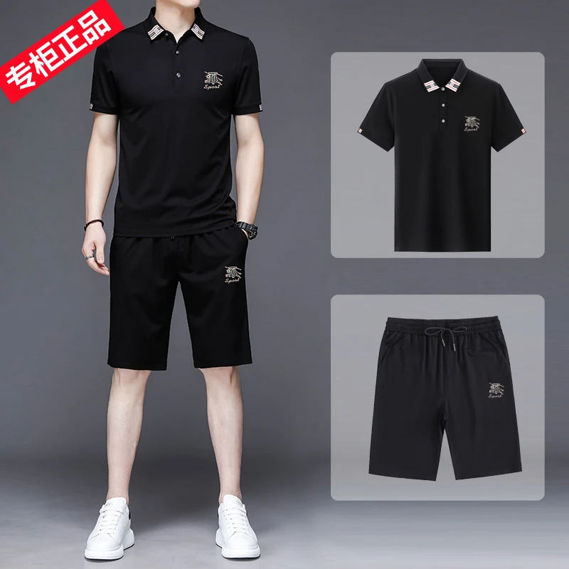 欧洲英伦翻领高级感polo衫男款短袖轻奢高端100桑蚕丝夏季套装