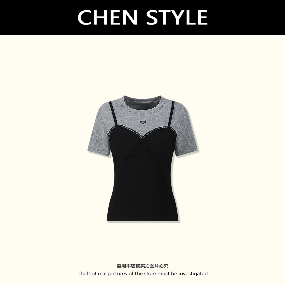 楚楚君【别致设计】夏款修身显瘦拼接假两件短袖T恤Y20955