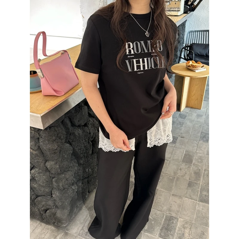 091【夏季新款】胸前钉珠双排字母韩系百搭圆领T恤（9812）