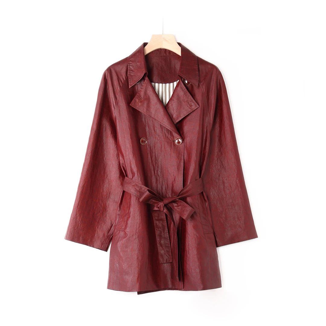 【澜亭絮絮】桑蚕丝香云纱老料中长款双排扣时尚风衣外套3777