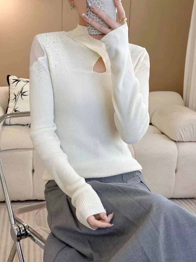 2025设计款镂空漏肩针织打底衫66332