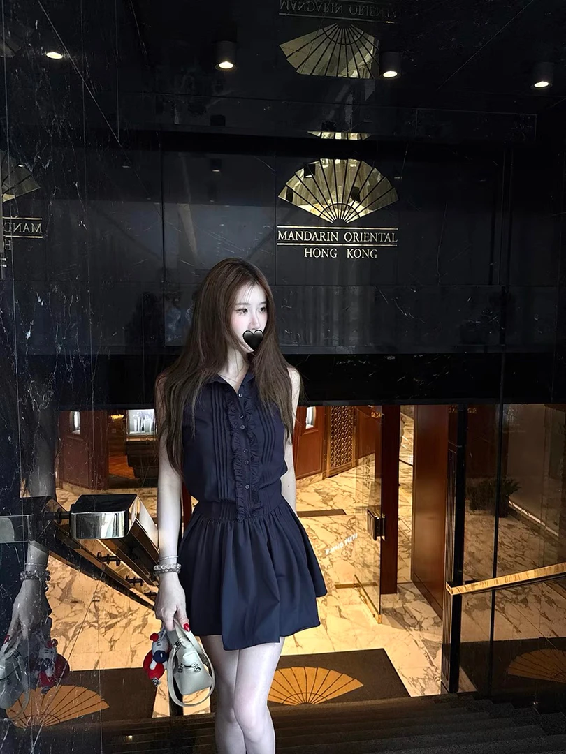 气质姐姐老钱风气质显瘦木耳边衬衫女无袖连衣裙收腰衬衫裙小个子